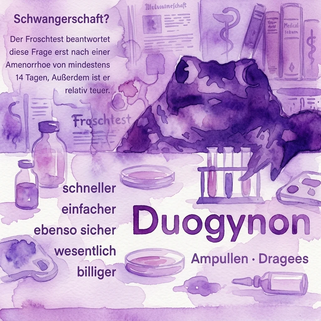 Ilustración en acuarela de un montaje de laboratorio histórico con una rana, tubos de ensayo, placas de Petri y libros de medicina, promocionando la prueba de embarazo Duogynon con texto en alemán que destaca su rapidez, simplicidad y asequibilidad.