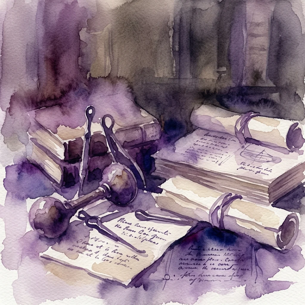 Ilustracja akwarelowa przedstawiająca historyczne instrumenty medyczne i dokumenty archiwalne dotyczące antykoncepcji i aborcji w Danii w latach 30. XX wieku, ukazująca niebezpieczne realia potajemnych zabiegów.