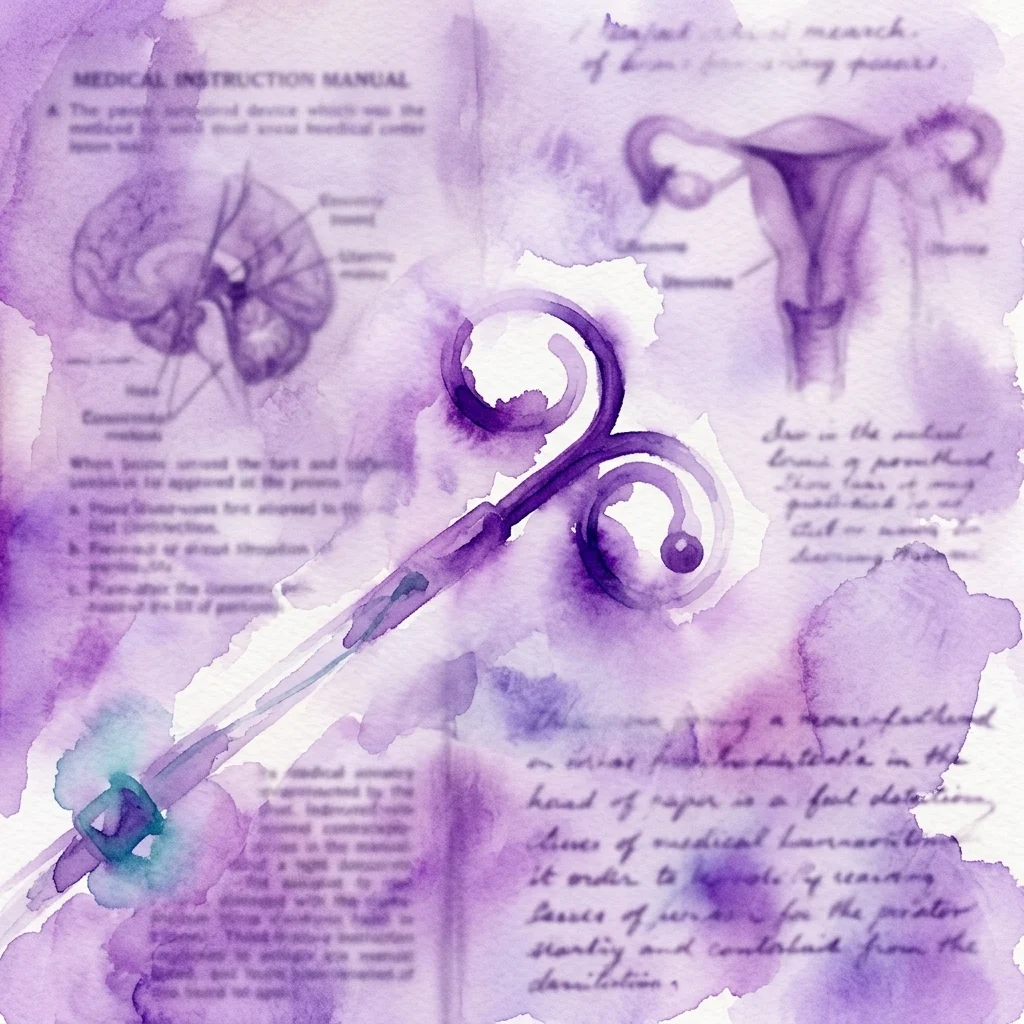 Close-up of a Saf-T-Coil 33S plastic spiral contraceptive with a small ball, displayed over medical instruction manuals and archival documents on a purple watercolor background.