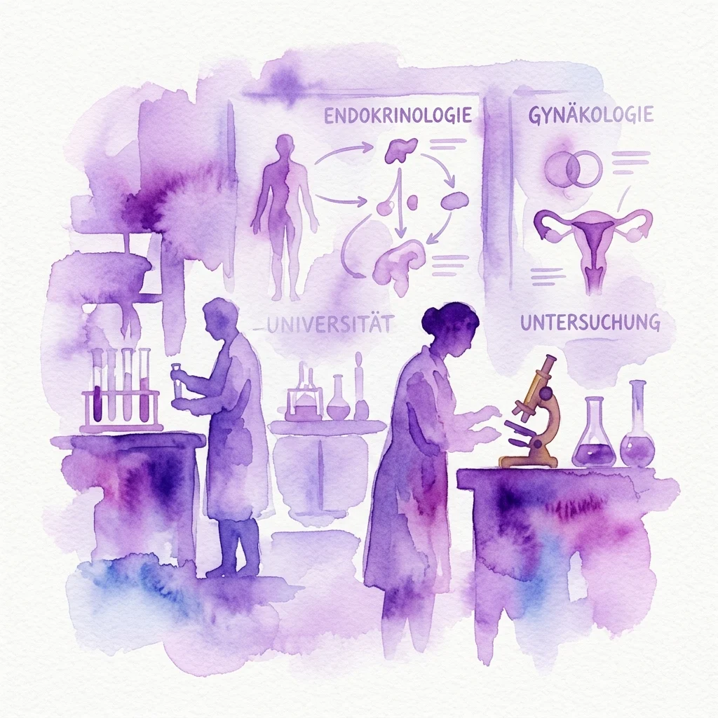 Ilustración en acuarela de un laboratorio médico vintage con científicos estudiando endocrinología y ginecología, que presenta diagramas anatómicos, microscopios y equipo de laboratorio, ambientado en un entorno universitario.