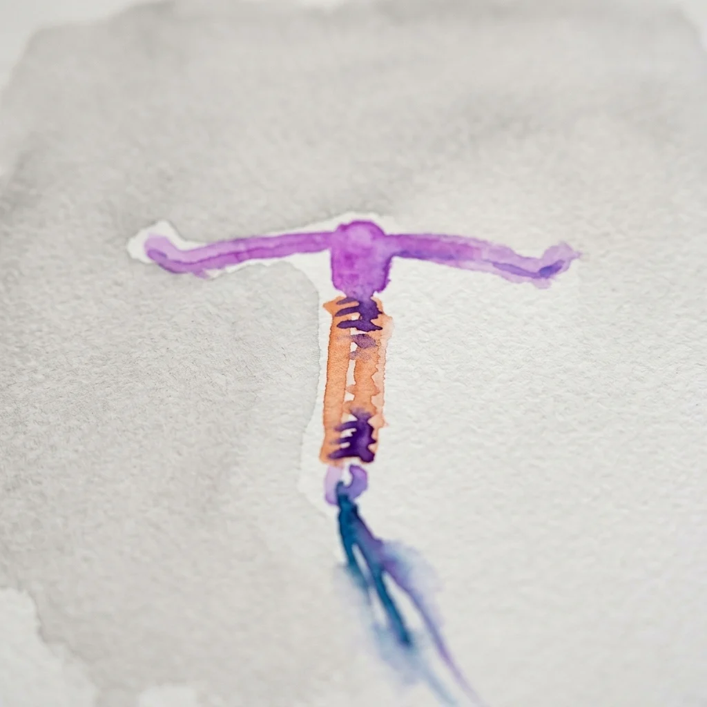 Watercolor illustration of a T-shaped intrauterine device (IUD) with purple arms, an orange copper coil, and a blue thread, displayed on textured paper.