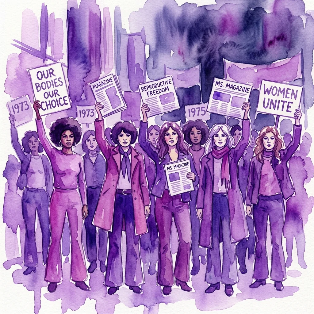 Ilustracja akwarelowa przedstawiająca kobiety protestujące w latach 70. XX wieku, trzymające transparenty z napisami „Nasze Ciała Nasz Wybór”, „Wolność Reprodukcyjna” i „Kobiety Zjednoczone”, symbolizujące walkę o prawa reprodukcyjne.