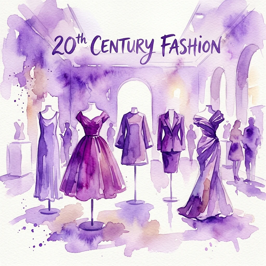 Ilustracja akwarelowa wystawy muzealnej pod tytułem 'Moda XX wieku', prezentująca manekiny z kultowymi strojami od projektantów takich jak Chanel i Dior, podkreślająca ewolucję haute couture i odzieży gotowej do noszenia.
