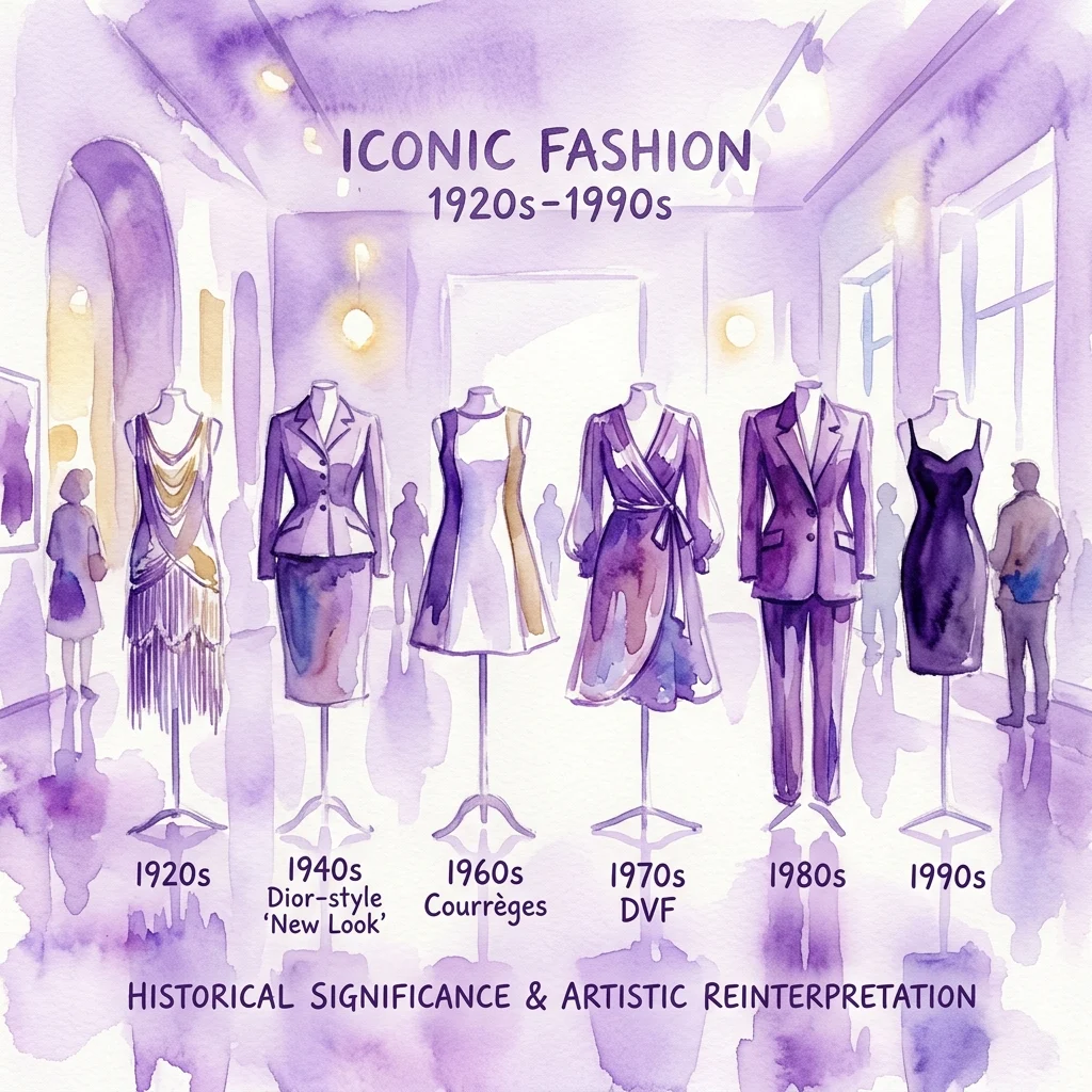 Ilustración en acuarela de prendas de moda icónicas del siglo XX, de los años 20 a los 90, expuestas en una galería, destacando su importancia histórica y reinterpretación artística.
