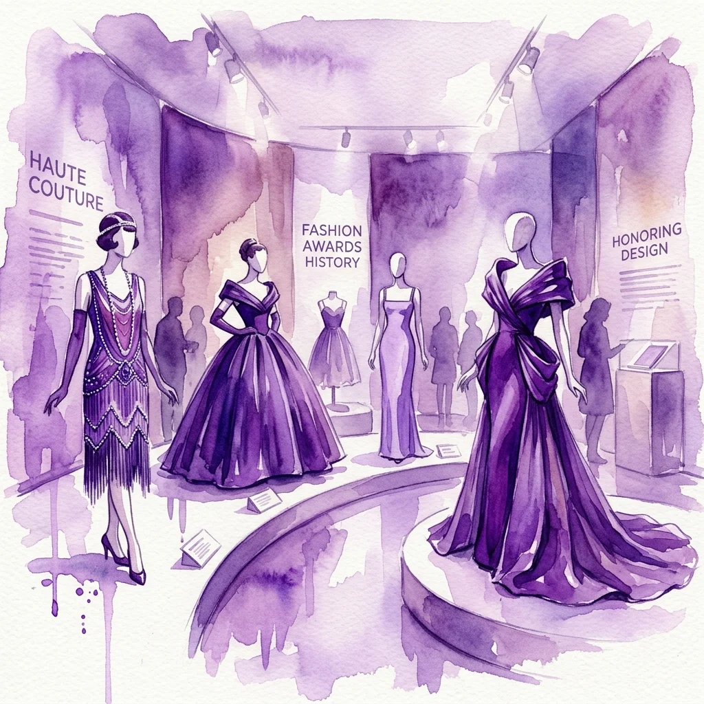 Waterverfillustratie van een museumtentoonstelling met haute couture-jurken van de 25-jarige La Aguja de Oro-modeprijs, met paspoppen die elegante jurken etaleren onder spots.