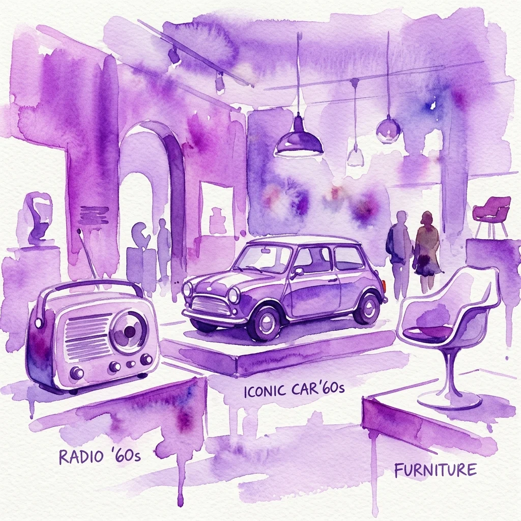 Ilustracja akwarelowa wystawy designu z lat 60. XX wieku, przedstawiająca zabytkowe radio, klasyczny samochód Mini i nowoczesne meble, przywołująca historię miejskiego wzornictwa przemysłowego.
