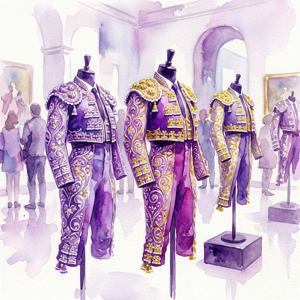 Ilustracja akwarelowa trzech ozdobnych purpurowo-złotych kostiumów do walk byków na manekinach w galerii muzealnej, z odwiedzającymi oglądającymi wystawę.