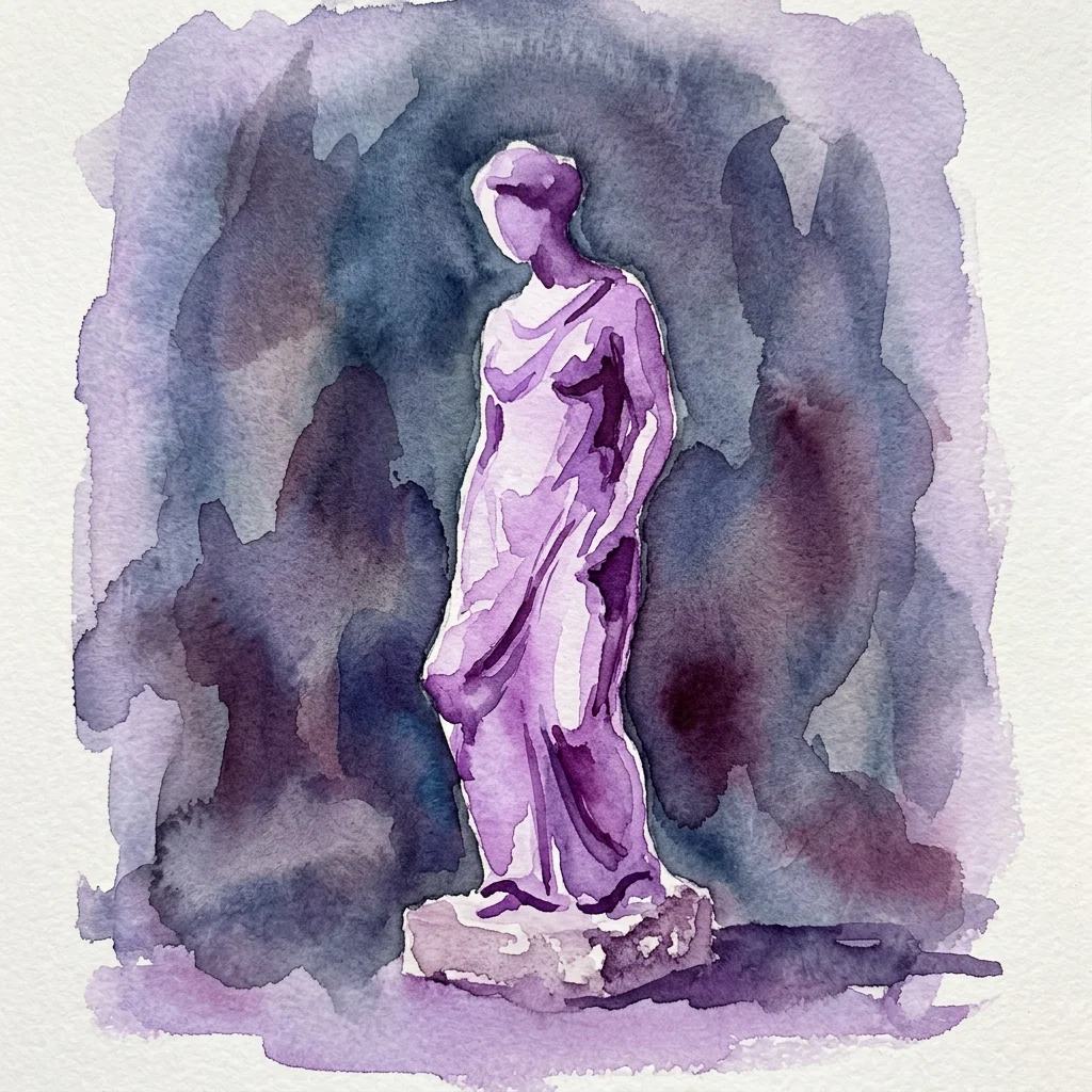 Ilustracja akwarelowa przedstawiająca draperię rzeźby kobiecej w odcieniach fioletu i błękitu, nawiązująca do tematów z poezji Federico Garcíi Lorki, będąca częścią wystawy 'Ausencias vestidas & reflejos desnudos' w Muzeum Kostiumów.