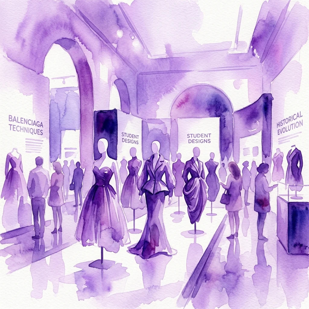 Ilustracja akwarelowa wystawy mody prezentującej projekty studentów inspirowane Balenciagą, z sekcjami zatytułowanymi „Techniki Balenciagi” i „Ewolucja historyczna” w galerii muzealnej.