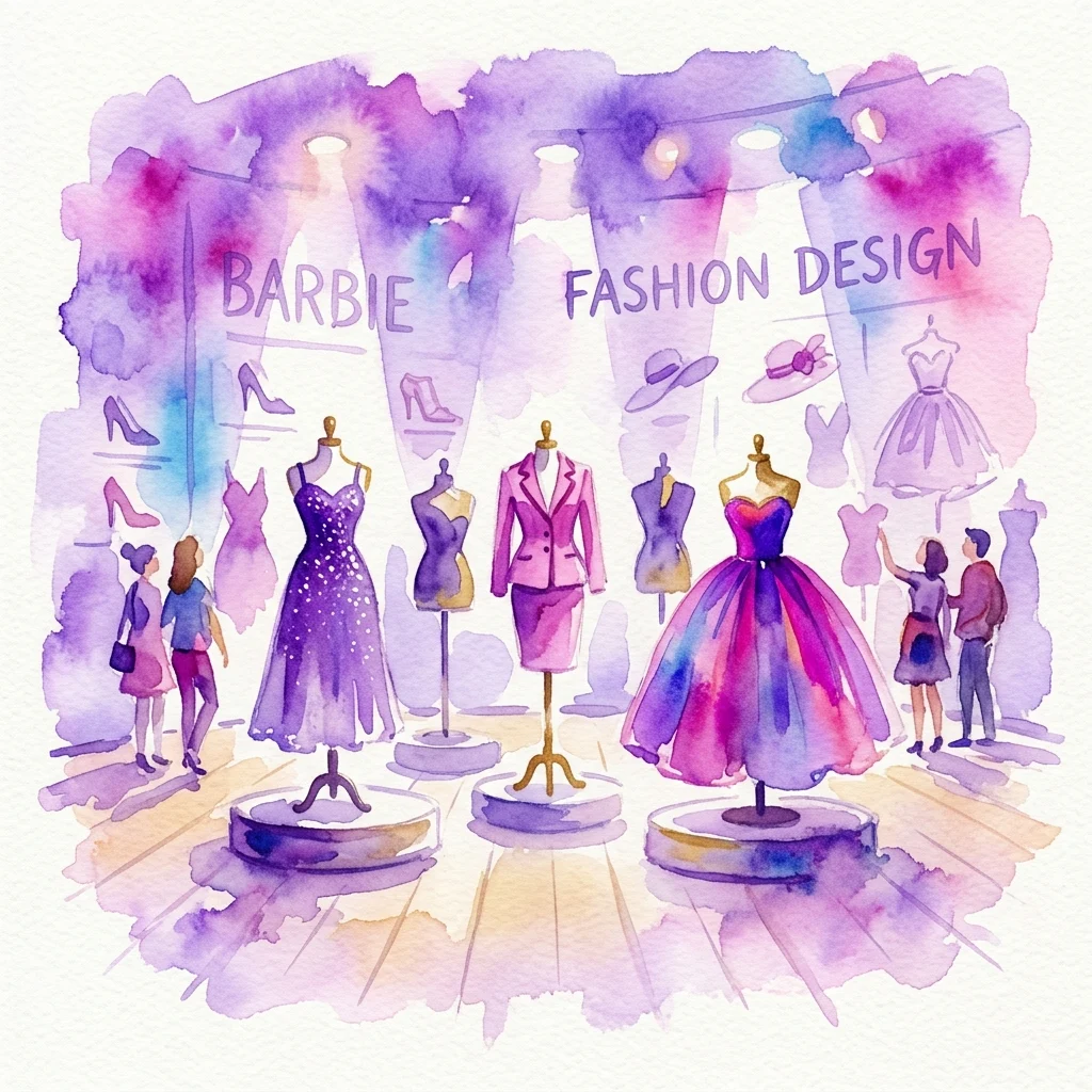 Ilustracja akwarelowa wystawy Barbie Fashion Design z manekinami prezentującymi miniaturowe stroje haute couture, odwiedzającymi oglądającymi wystawę oraz napisem „BARBIE FASHION DESIGN” w tle.