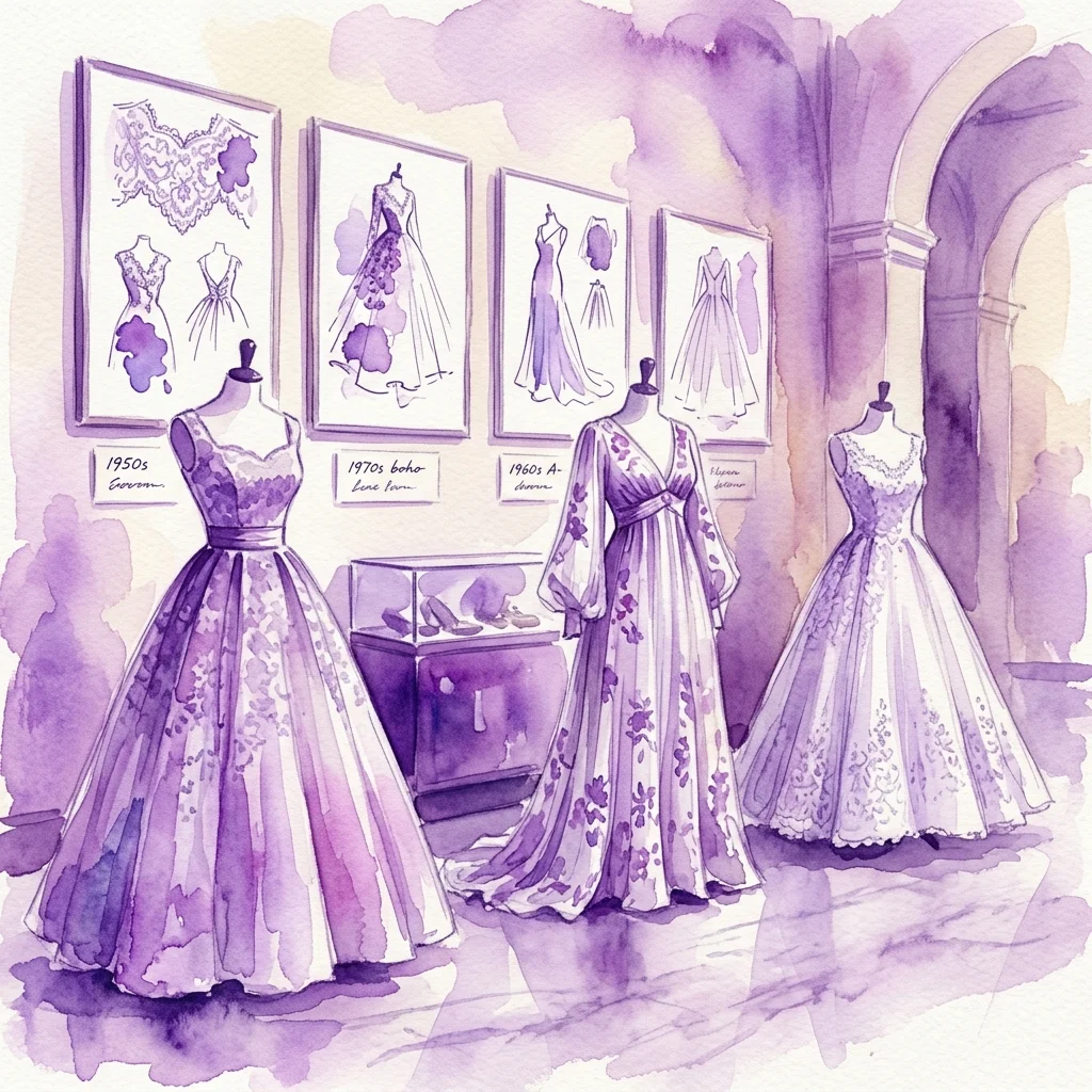Waterverfillustratie van een museumtentoonstelling met bruidjurken van Chus Basaldúa, met mode-schetsen uit de jaren 1950, 1960 en 1970 aan de muren.
