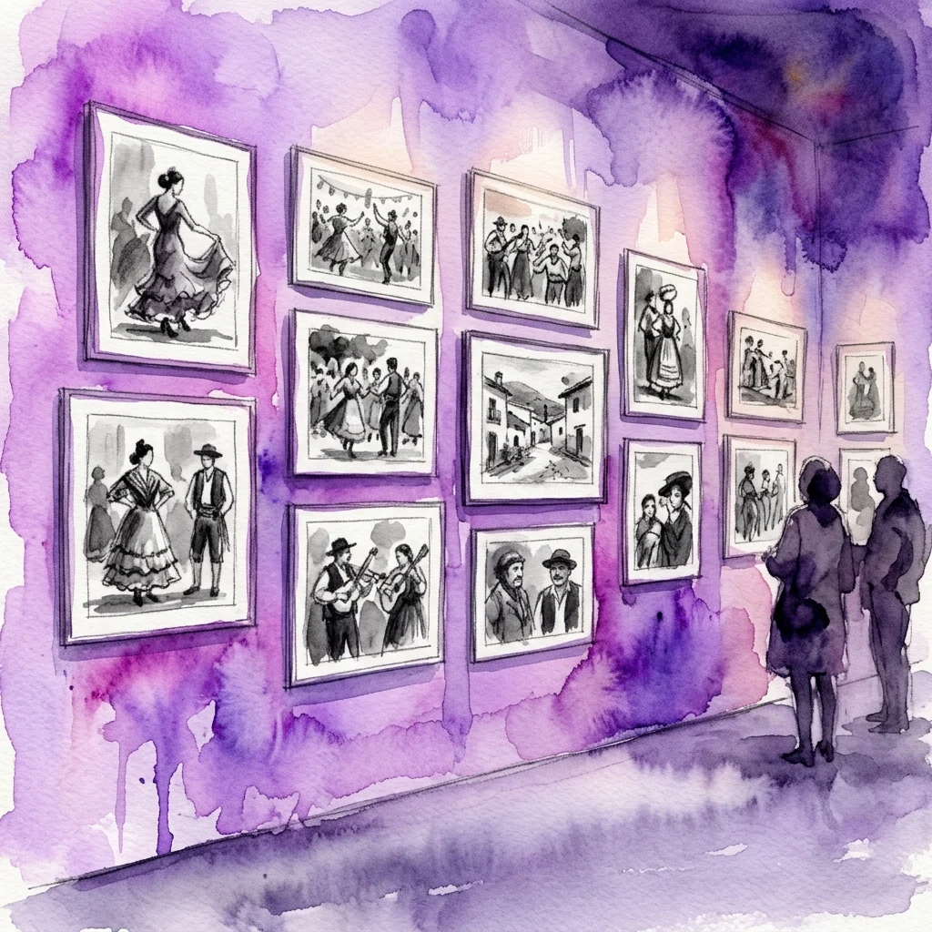 Ilustracja akwarelowa galerii muzealnej z czarno-białymi fotografiami przedstawiającymi hiszpańską kulturę ludową, w tym tradycyjny taniec, muzykę i codzienne życie, wywieszone na fioletowej ścianie z obserwującymi je odwiedzającymi.