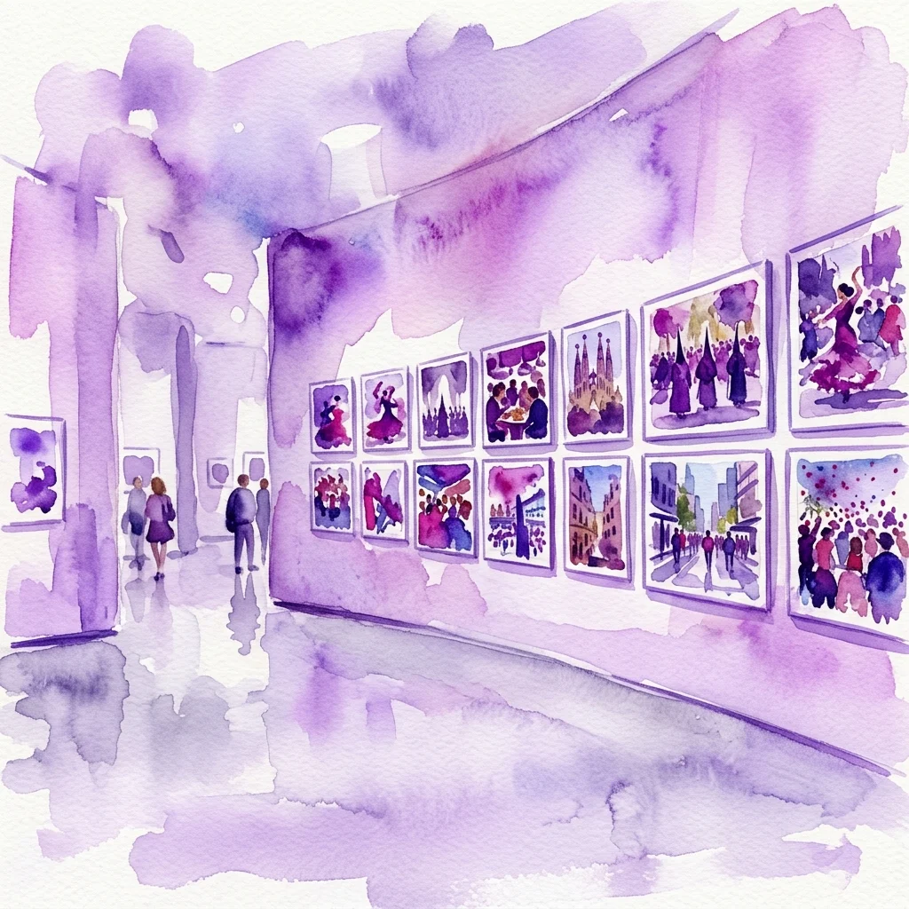 Een aquarelillustratie van een museumgalerij met de tentoonstelling 'Certamen de Fotografía sobre Cultura Popular', waarbij bezoekers foto's bekijken van Spaanse tradities en het stadsleven.