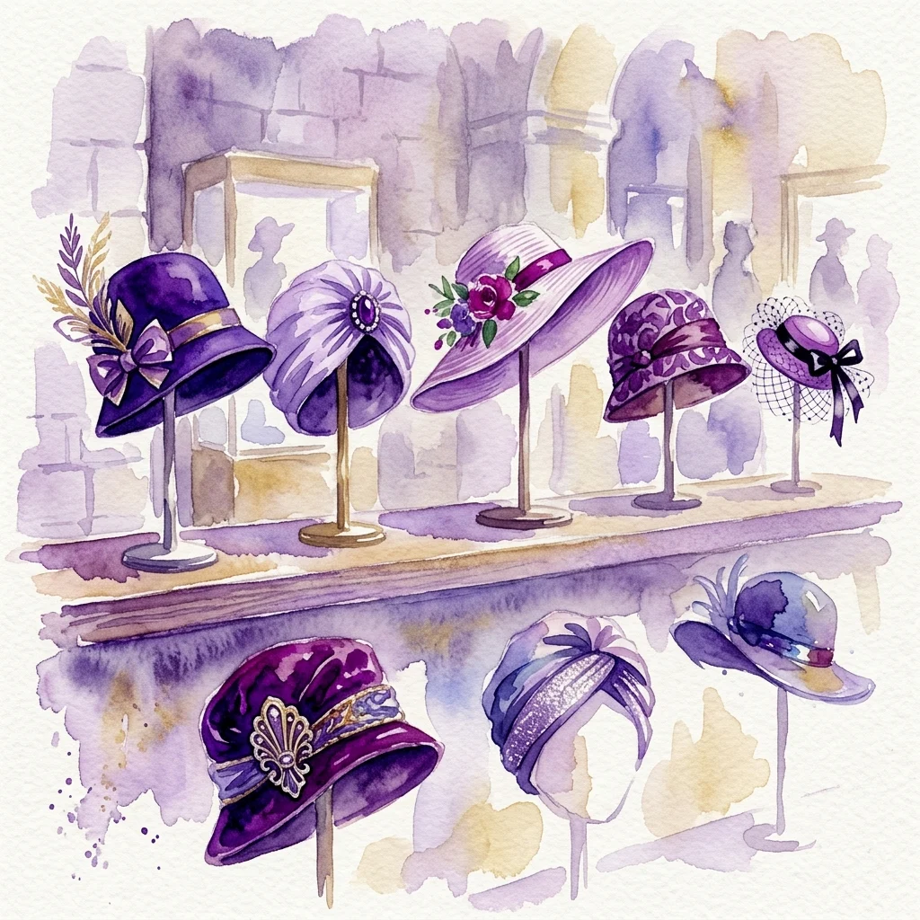 Ilustracja akwarelowa kapeluszy i nakryć głowy w stylu lat 20. XX wieku w kolorze fioletowym i lawendowym, prezentowana na stojakach w scenerii muzealnej, nawiązująca do mody tamtej epoki.