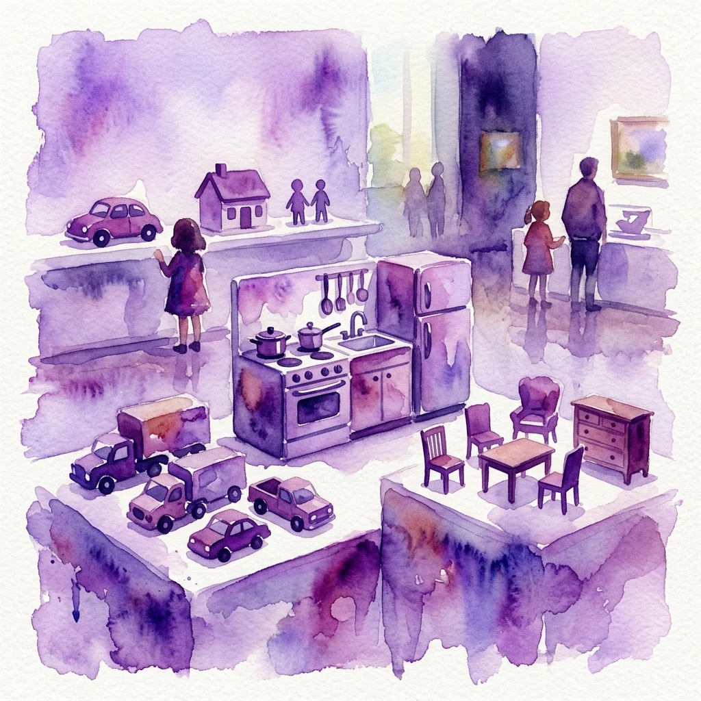 Ilustracja akwarelowa wystawy muzealnej prezentującej miniaturowe repliki kuchni, samochodów, mebli i domów, z dziećmi i dorosłymi oglądającymi ekspozycję, nawiązująca do motywów dziecięcej zabawy i naśladowania dorosłego życia.