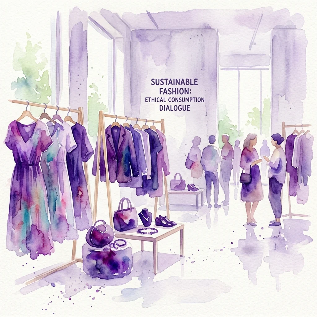 Ilustracja akwarelowa wystawy zrównoważonej mody z odzieżą na stojakach, akcesoriami na wystawie i odwiedzającymi dyskutującymi o etycznej konsumpcji.
