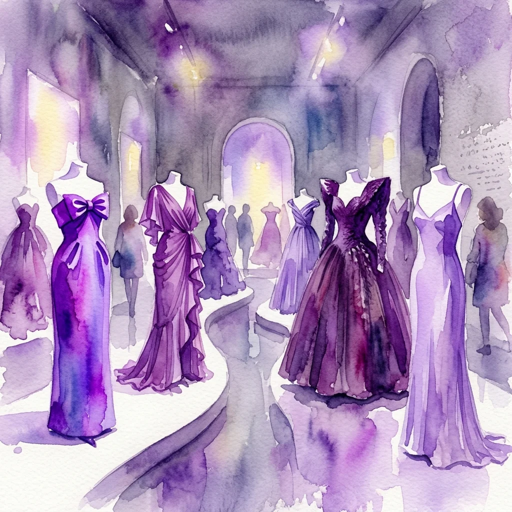 Ilustración en acuarela de una galería de museo que exhibe vestidos de alta costura en tonos púrpuras, con diseños elegantes en maniquíes bajo una iluminación suave.