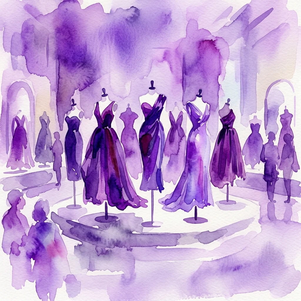 Ilustracja akwarelowa wystawy muzealnej prezentującej suknie haute couture na manekinach, ukazująca osobistą kolekcję mody Carmen Lomany z naciskiem na odcienie fioletu i lawendy.