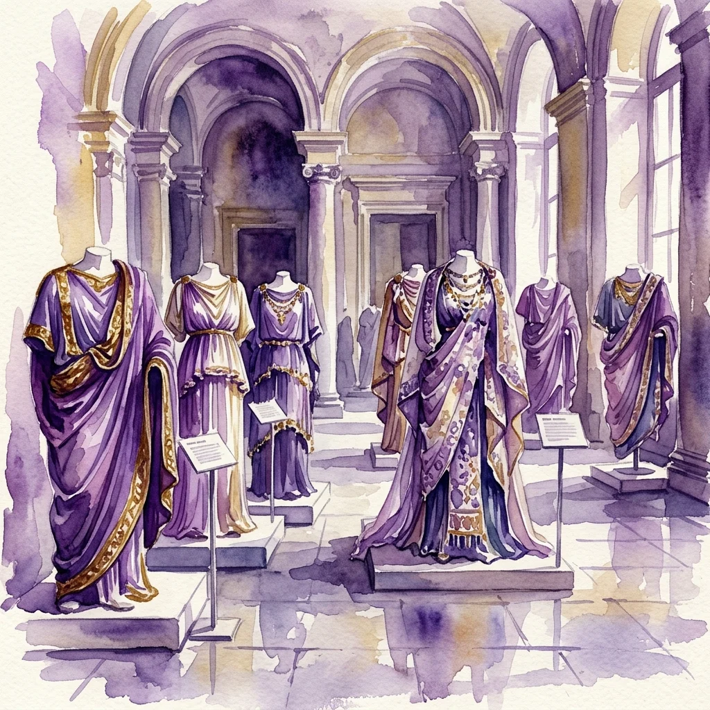 Ilustracja akwarelowa historycznych strojów z epoki rzymskiej, prezentowanych na manekinach w galerii muzealnej, z fioletowymi i złotymi tkaninami o ozdobnych detalach.