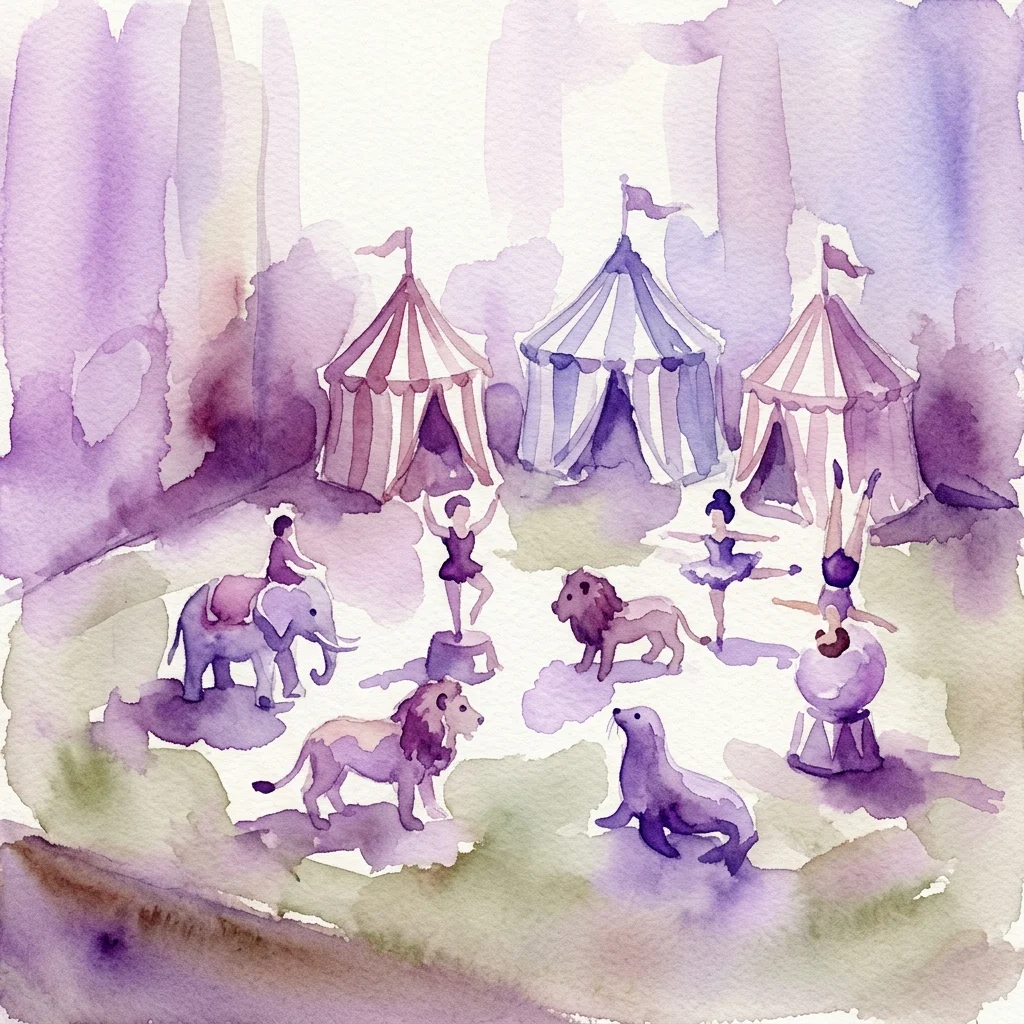 Ilustración en acuarela de una escena de circo vintage con carpas a rayas, acróbatas, animales y artistas en un estilo nostálgico y caprichoso.