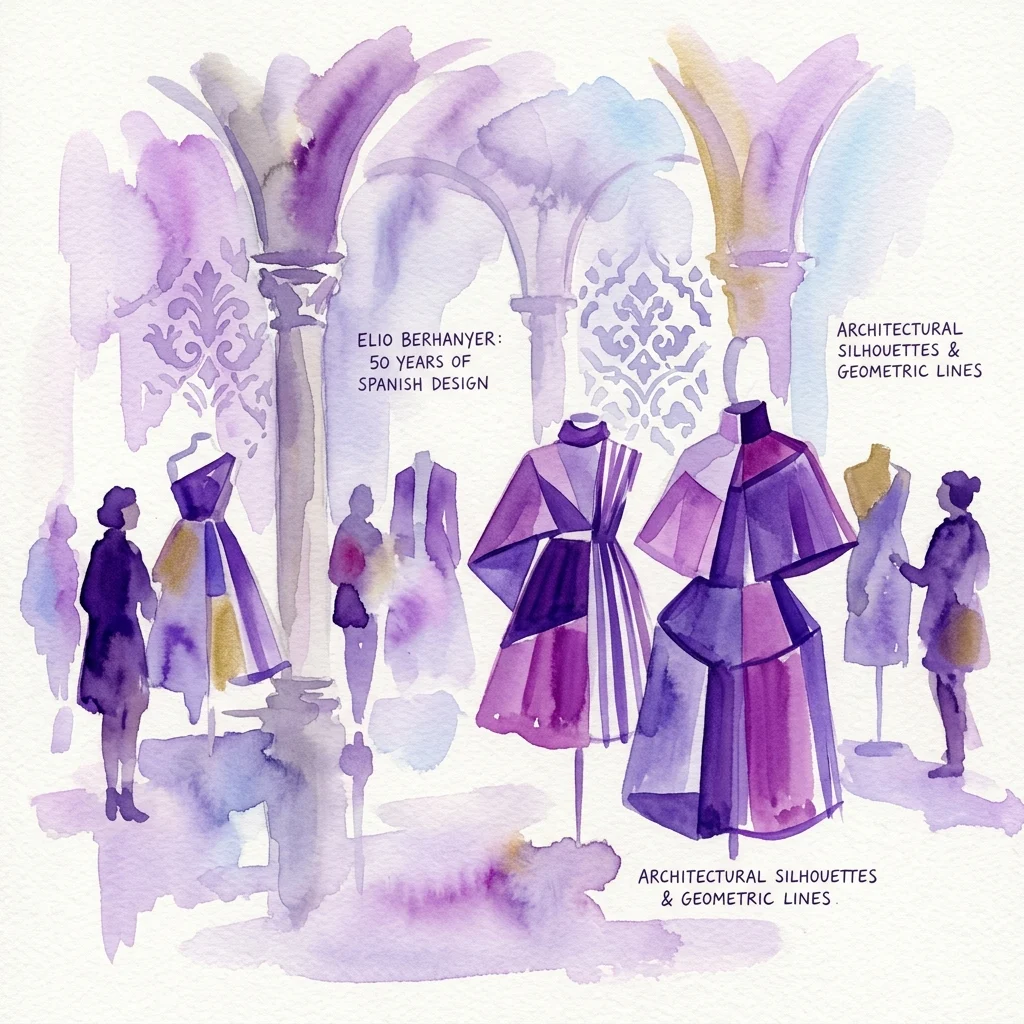 Ilustracja akwarelowa wystawy „50 lat hiszpańskiego wzornictwa” Elio Berhanyera, przedstawiająca geometryczne sylwetki i architektoniczne stroje w odcieniach fioletu i złota.