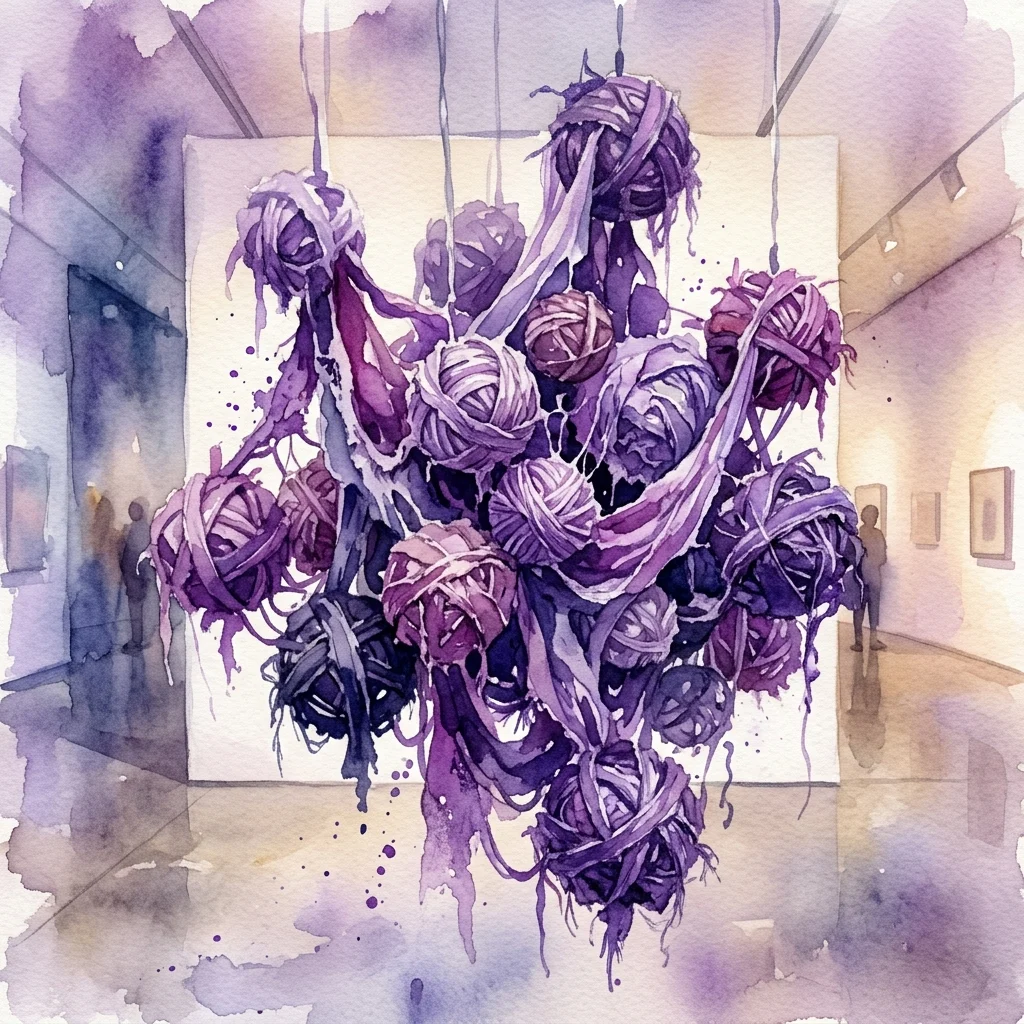 A watercolor-style art installation of purple and black fabric balls suspended in a museum gallery, representing the 'En-bola-atados' exhibition on violence against women.
