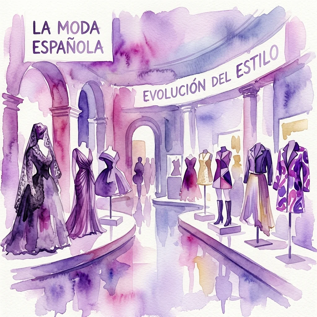 Ilustracja akwarelowa wystawy „España de Moda”, prezentująca ewolucję hiszpańskiej mody od haute couture po współczesne projekty w galerii muzealnej.