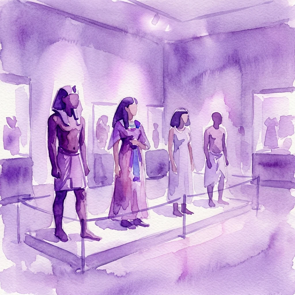 Ilustracja akwarelowa wystawy muzealnej prezentującej manekiny ubrane w starożytne egipskie stroje z filmu Exodus: Bogowie i Królowie, wyeksponowane w galerii z fioletowym oświetleniem.