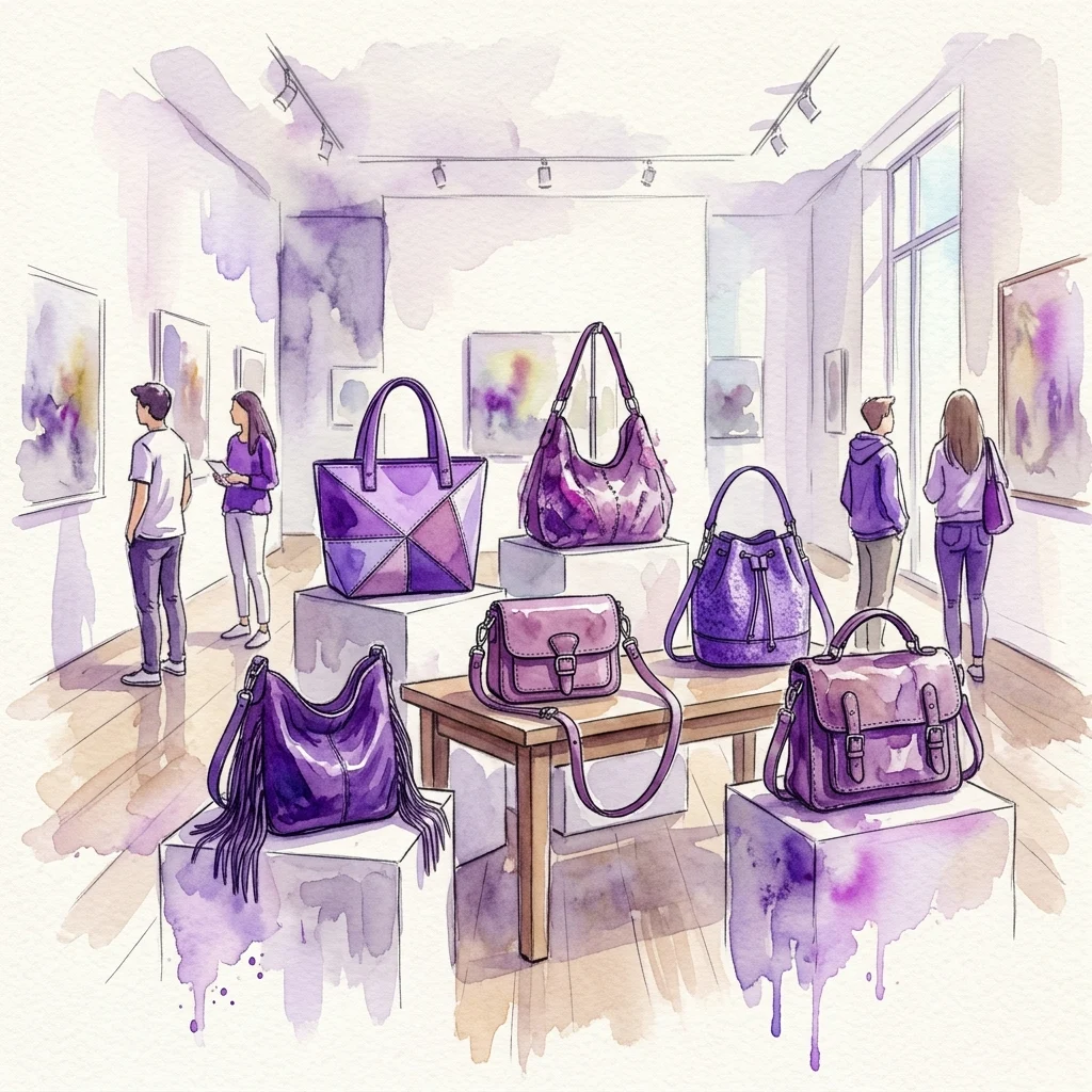 Een aquareltekening van een museumgalerij met leren handtassen, ontworpen door studenten in diverse paarse tinten, terwijl bezoekers de tentoonstelling bekijken.