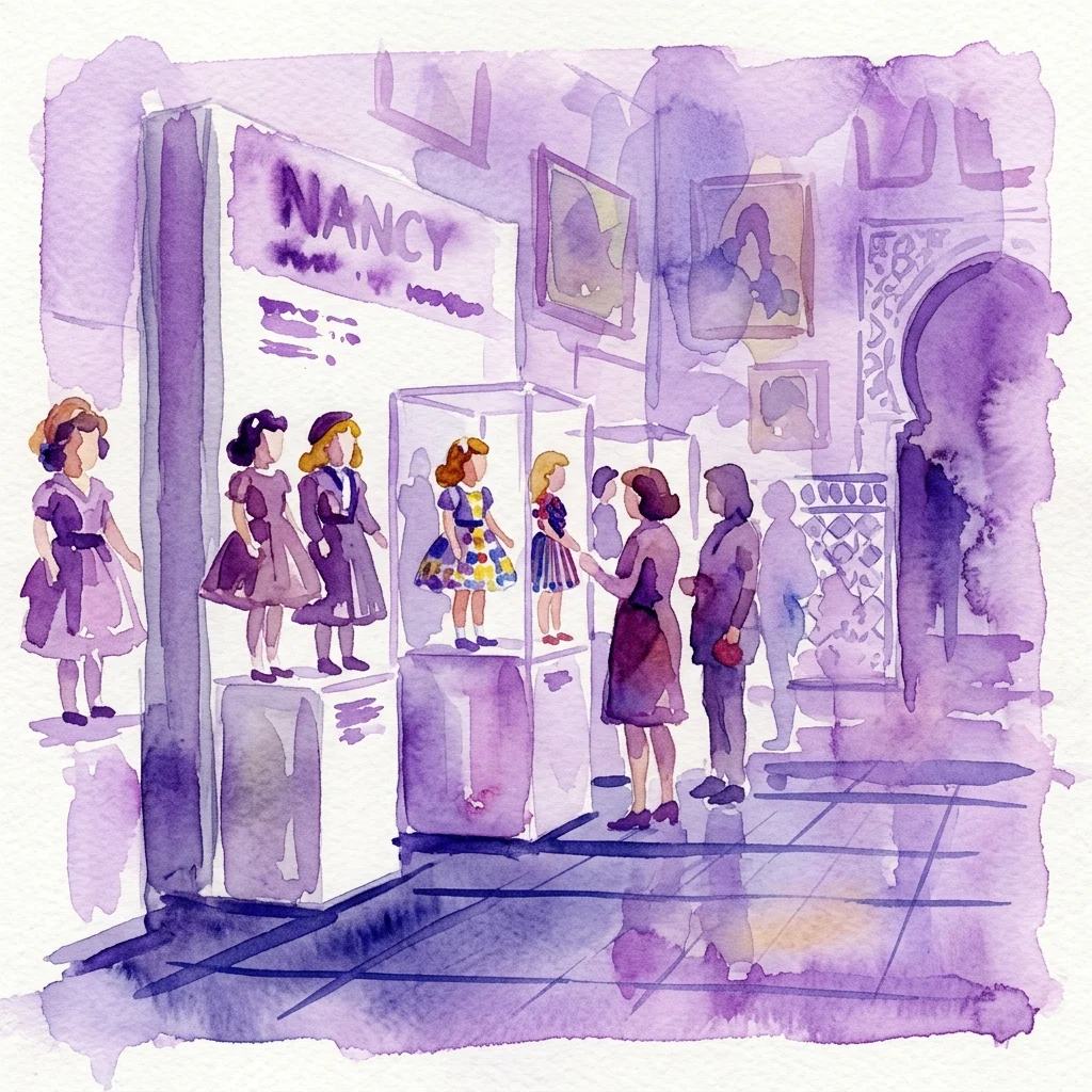 Ilustracja akwarelowa wystawy muzealnej prezentującej lalki Nancy z różnych epok, z odwiedzającymi obserwującymi ekspozycję w purpurowej atmosferze.