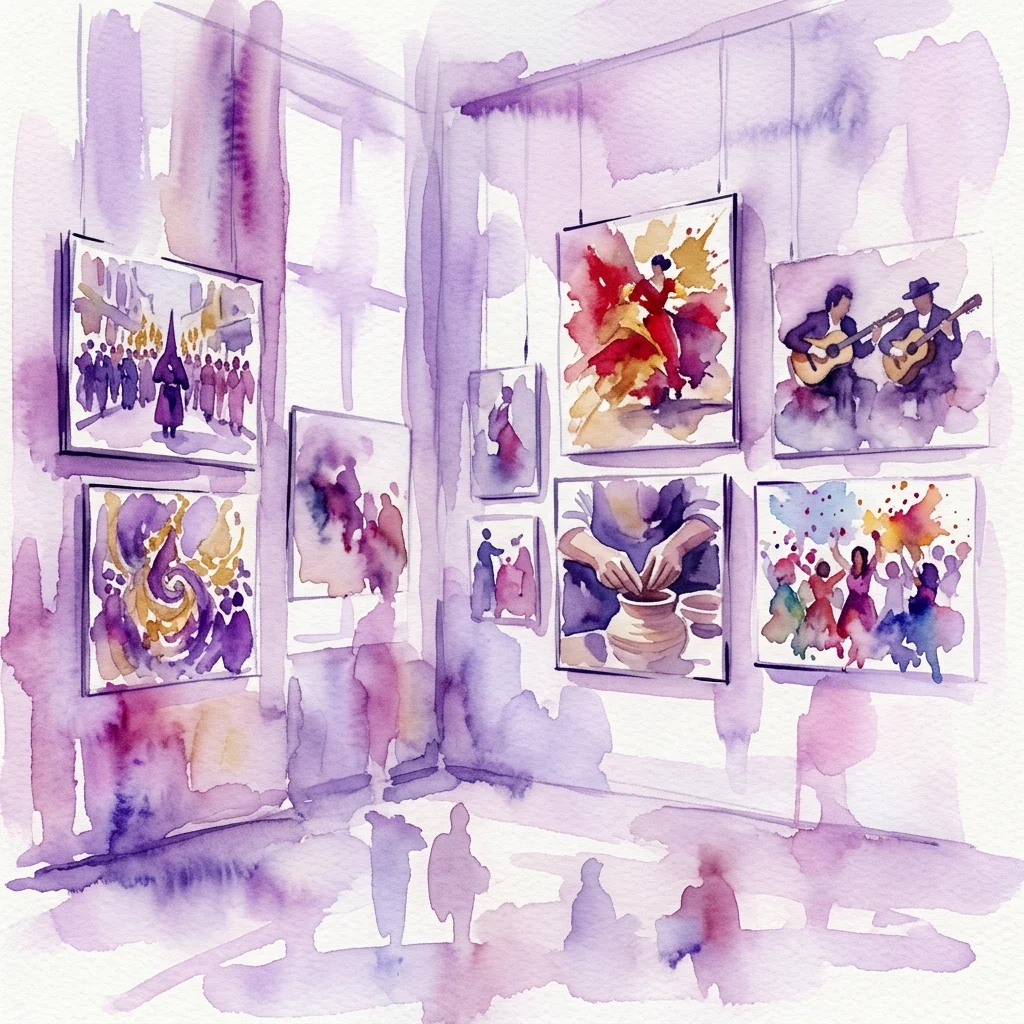 Watercolor illustration of a museum gallery displaying photographs from the 2005 Popular Culture Photography Competition, featuring scenes of Spanish traditions like flamenco, festivals, and crafts.