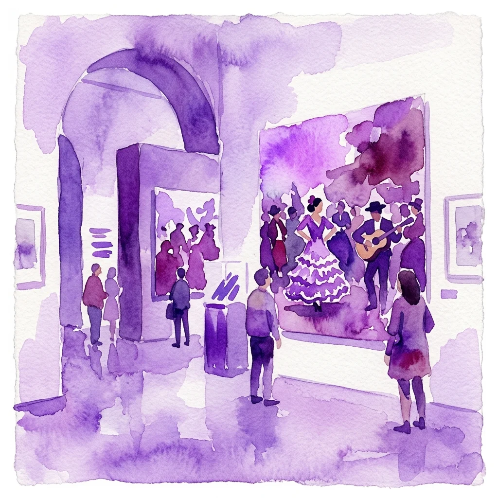 Ilustracja akwarelowa galerii muzealnej przedstawiająca zwiedzających oglądających duże zdjęcie hiszpańskich tancerzy ludowych i muzyków, reprezentujące konkurs fotografii kultury popularnej z 2007 roku.