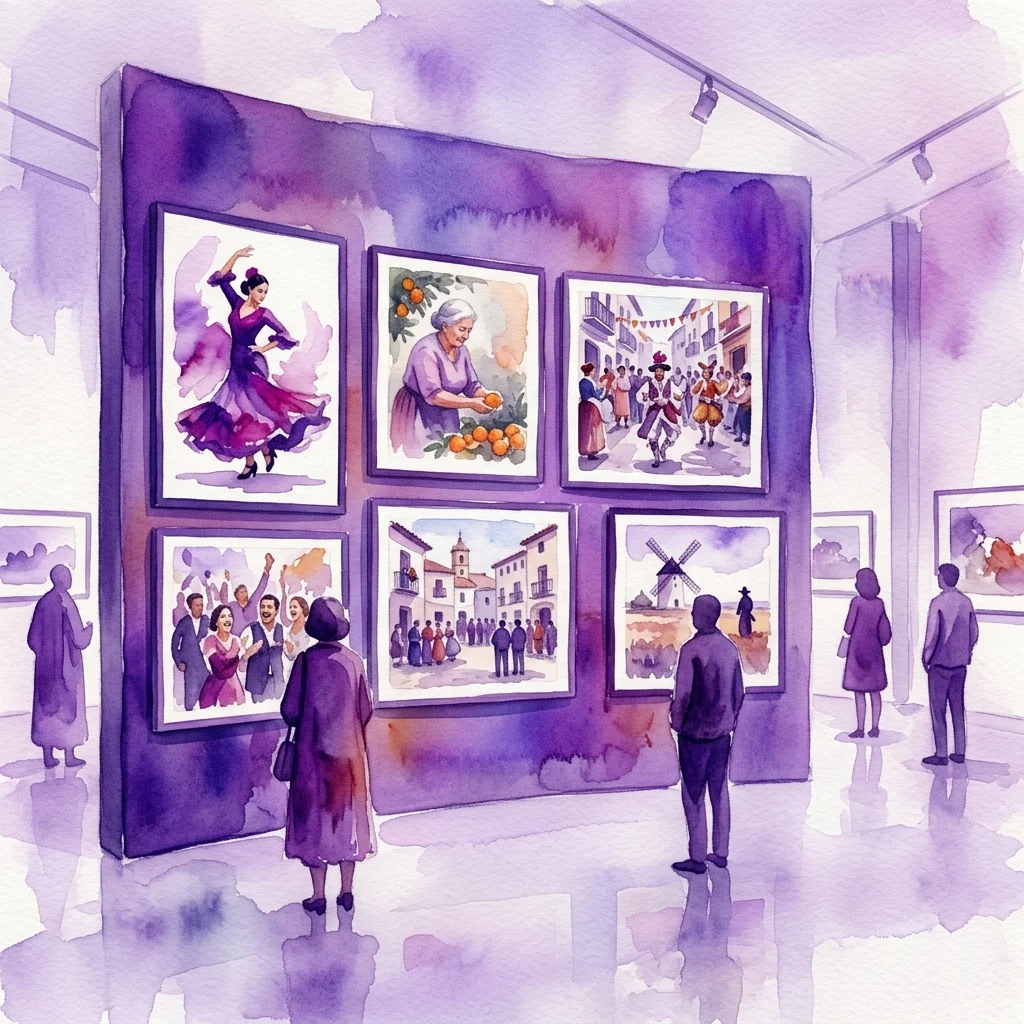 Ilustracja akwarelowa wystawy w galerii sztuki prezentującej fotografie hiszpańskiej kultury popularnej, w tym tancerzy flamenco, tradycyjne targowiska i sceny z życia wsi, z odwiedzającymi oglądającymi ekspozycję.