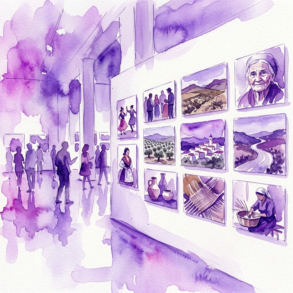 Waterverfillustratie van een fotografie-expositie met beelden van het Spaanse plattelandsleven, waaronder traditionele ambachten, landschappen en mensen in culturele klederdracht.