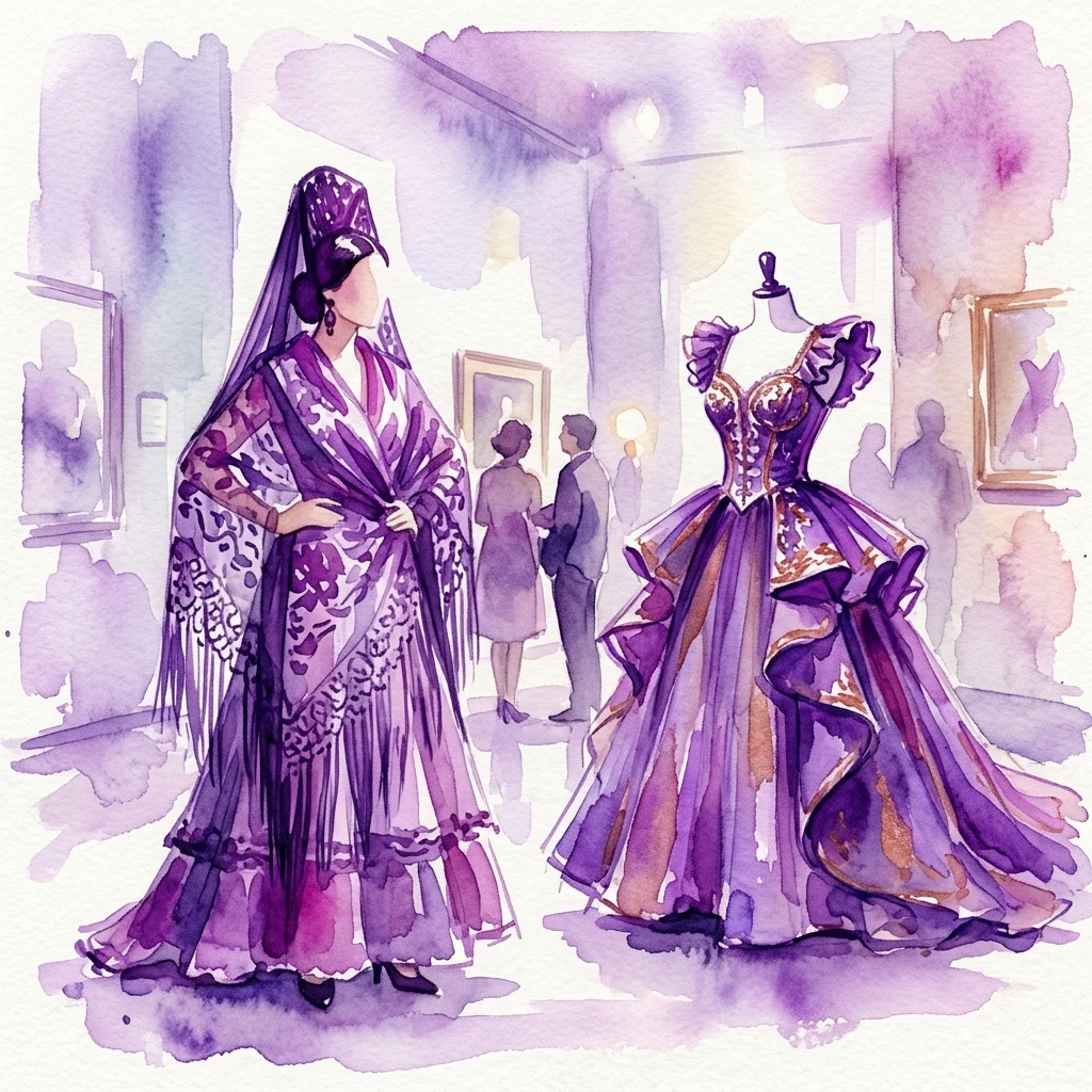 Ilustracja akwarelowa wystawy muzealnej prezentującej tradycyjne stroje hiszpańskie i suknię haute couture, podkreślająca wpływ kultury hiszpańskiej na modę międzynarodową.