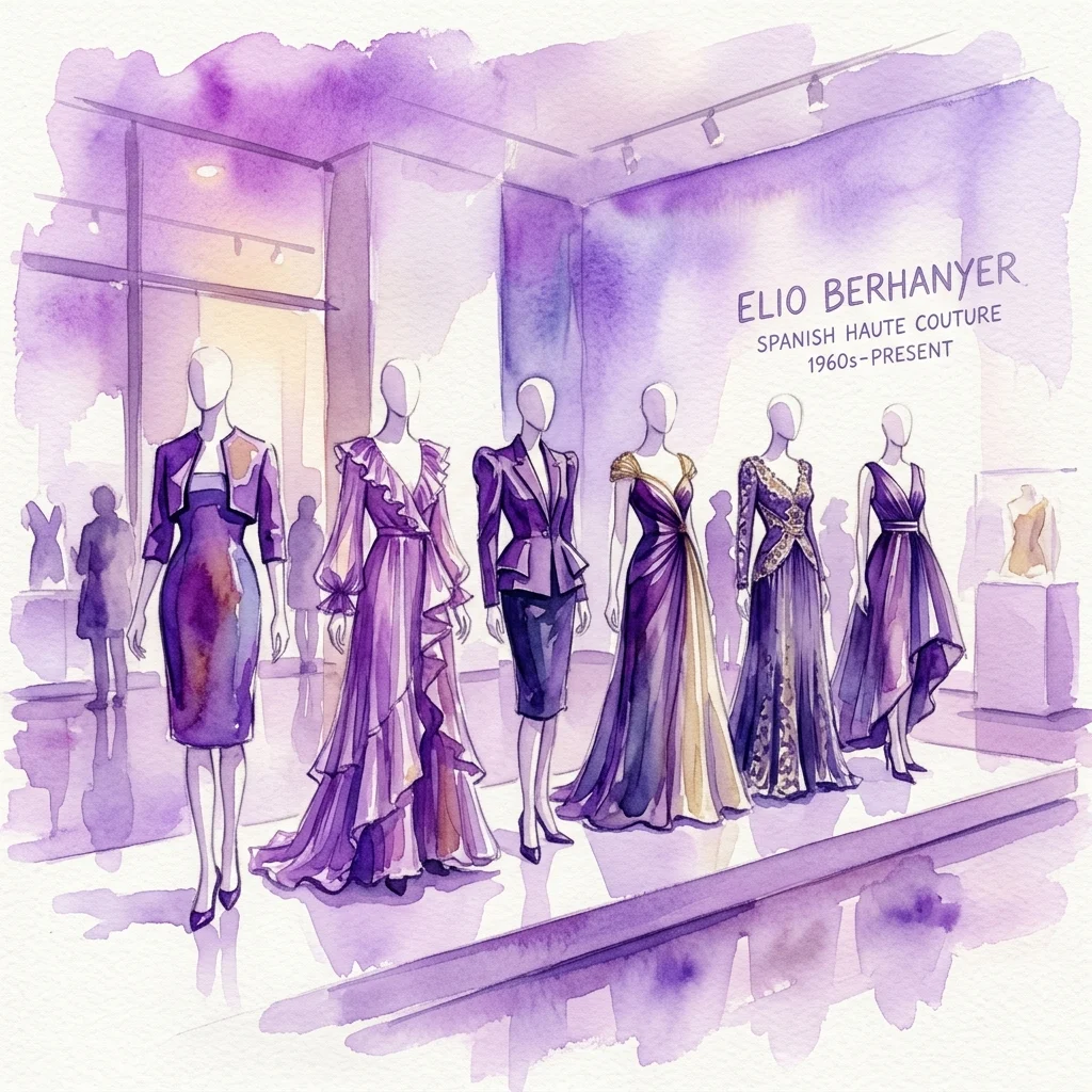 Waterverfillustratie van een tentoonstellingsopstelling met paspoppen in elegante paarse en gouden jurken van de Spaanse haute couture ontwerper Elio Berhanyer, die zijn werk van de jaren 60 tot nu laat zien.