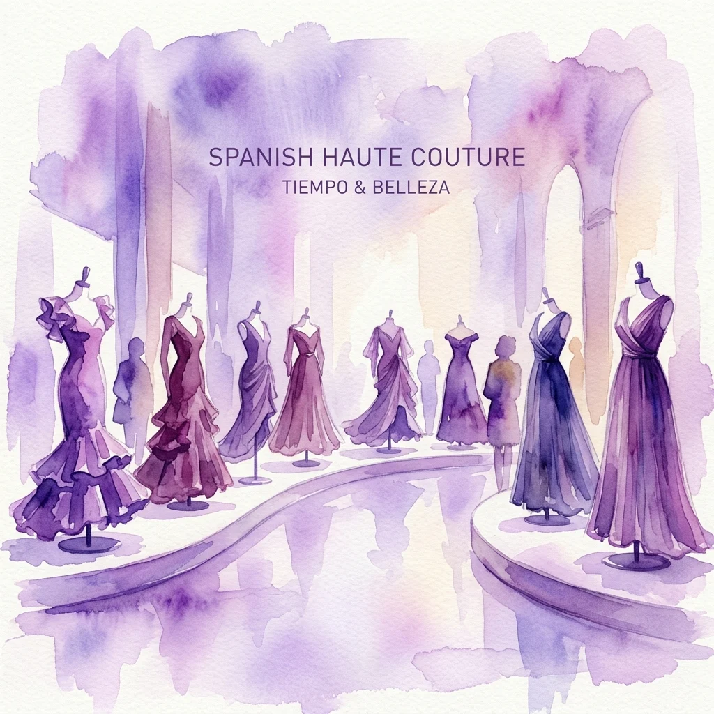 Ilustracja akwarelowa hiszpańskiej wystawy haute couture prezentującej eleganckie suknie na manekinach, z napisem 'SPANISH HAUTE COUTURE TIEMPO & BELLEZA' wyeksponowanym w galerii.