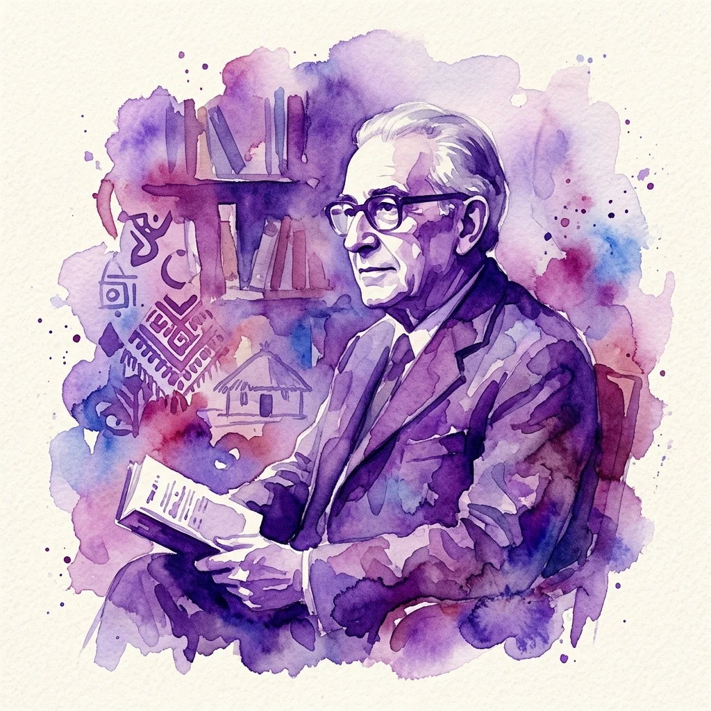 Waterverfportret van Julio Caro Baroja, een Spaanse historicus en etnograaf, die een boek vasthoudt met boekenplanken en culturele motieven op de achtergrond.