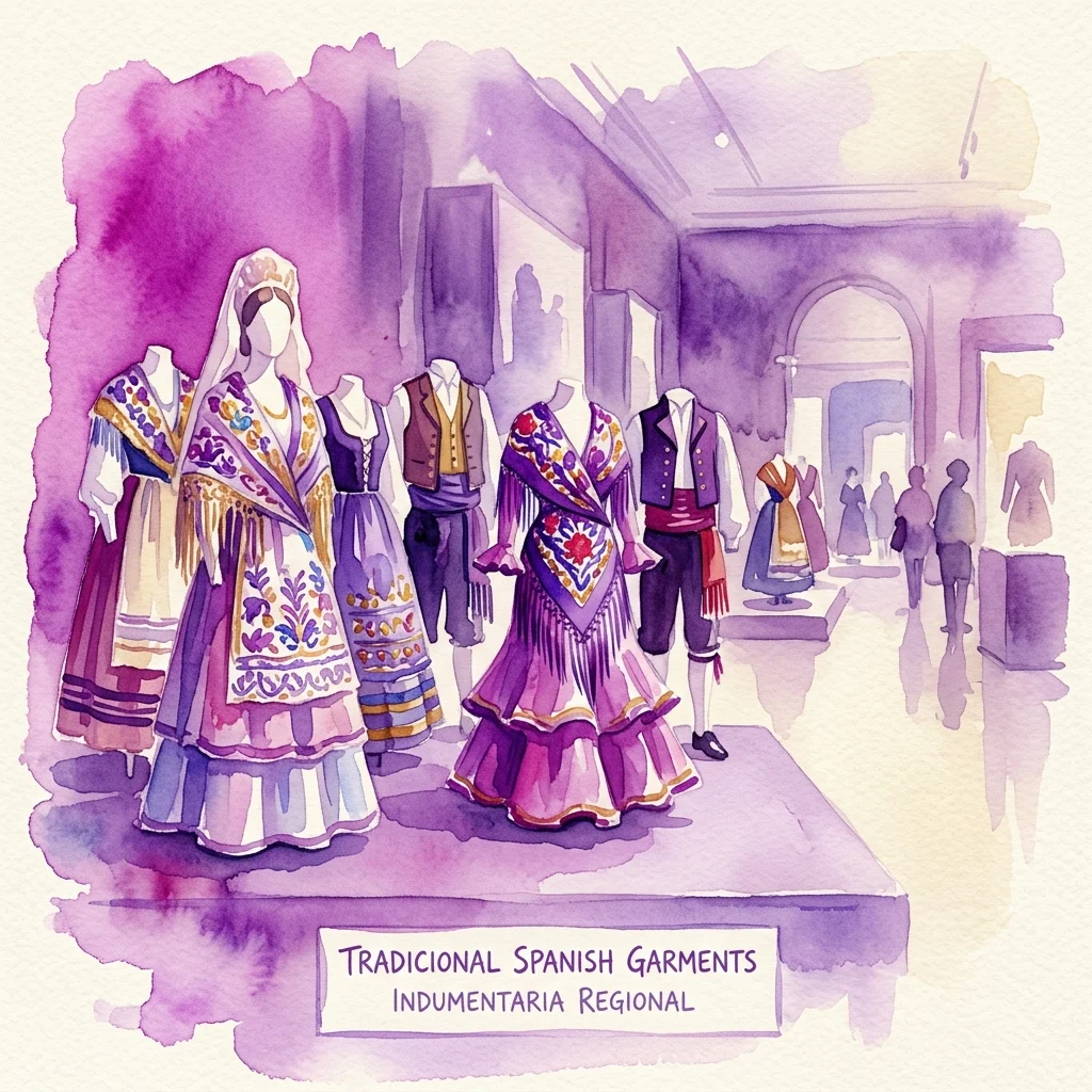 Ilustracja akwarelowa tradycyjnych hiszpańskich strojów regionalnych prezentowanych w galerii muzealnej, z wyhaftowanymi skomplikowanymi detalami i żywymi kolorami.