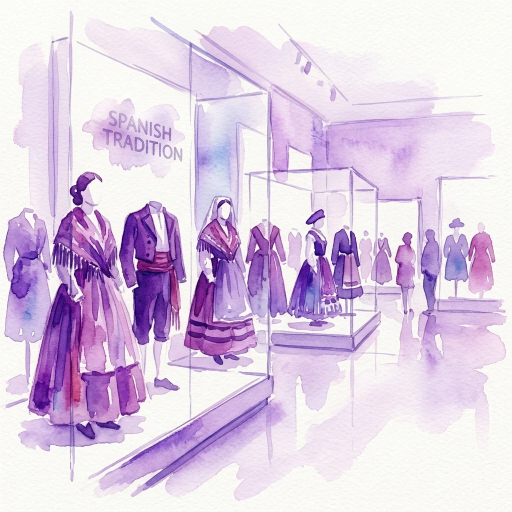 Ilustración en acuarela de una exposición de museo que presenta trajes folclóricos españoles tradicionales expuestos en vitrinas, con un cartel que dice 'SPANISH TRADITION' en la pared.