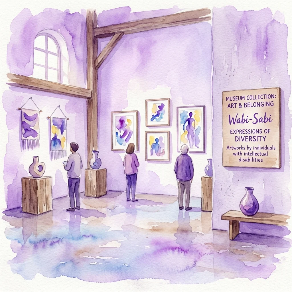 Ilustracja akwarelowa galerii muzealnej z odwiedzającymi oglądającymi abstrakcyjne dzieła sztuki inspirowane filozofią Wabi-Sabi, stworzone przez osoby z niepełnosprawnością intelektualną, prezentowane w fioletowej przestrzeni z drewnianymi belkami i wazonami.