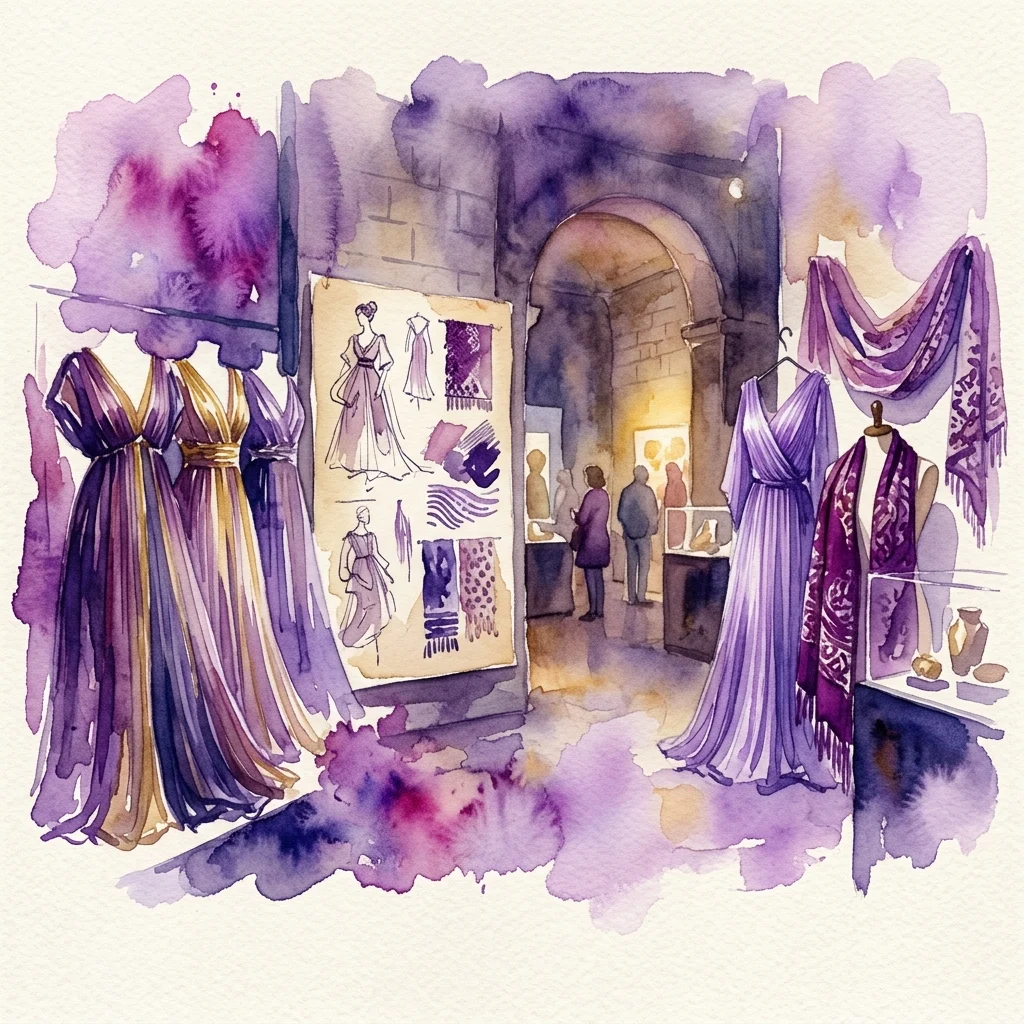 Ilustracja akwarelowa wystawy „Inspiraciones. Mariano Fortuny”, przedstawiająca fioletowe i złote suknie, tkaniny i szkice, prezentowane w galerii muzealnej z odwiedzającymi.