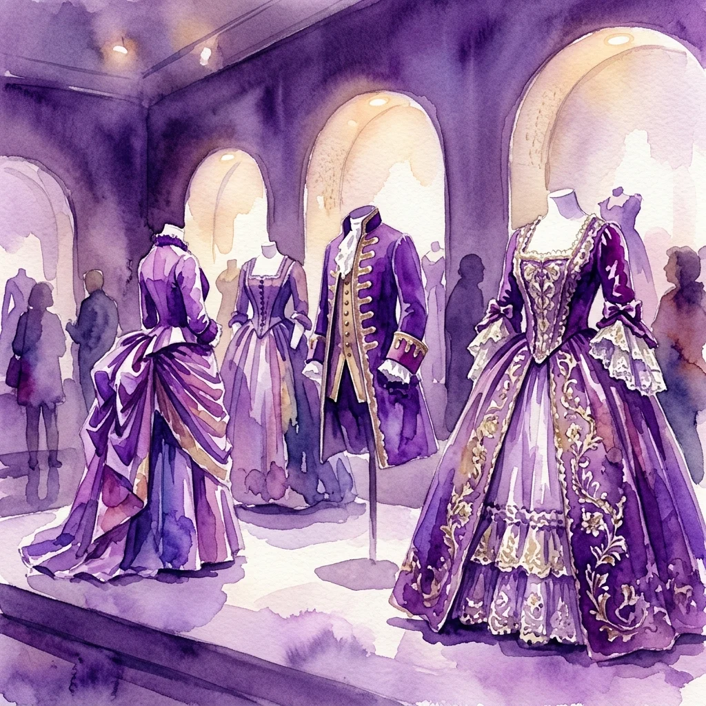 Ilustracja akwarelowa historycznych kostiumów z serialu "Isabel" prezentowanych w galerii muzealnej, przedstawiająca misternie wykonane fioletowe i złote stroje na manekinach w miękkim oświetleniu.