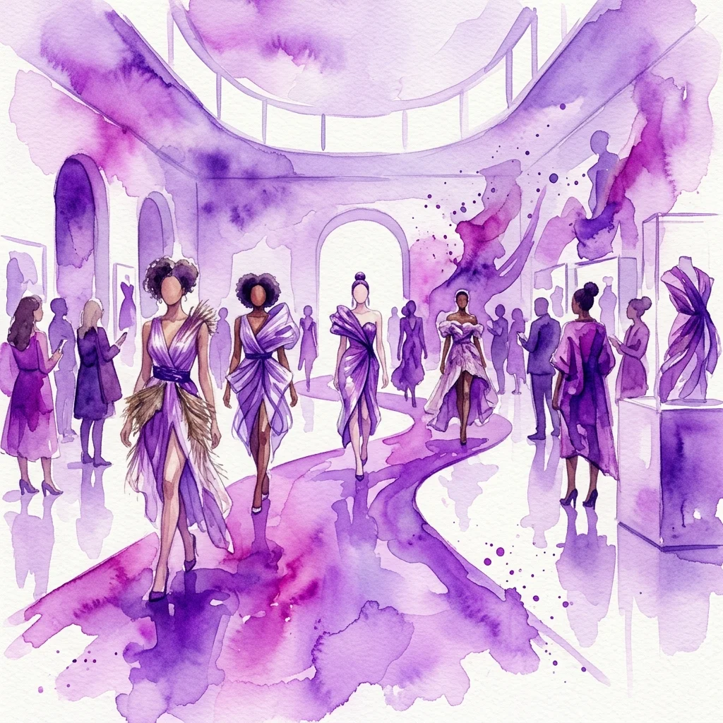 Een aquarelillustratie van modellen die avant-gardistische paarse mode ontwerpen tentoonstellen in een museumgalerij, ter representatie van de tentoonstelling IX Mes del Diseño Emergente.