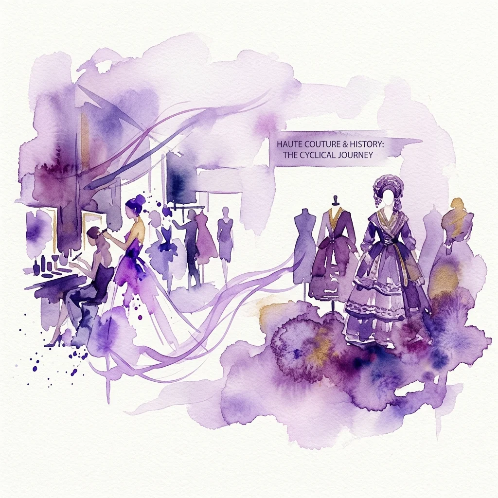 Ilustracja akwarelowa wystawy mody prezentującej sceny zza kulis współczesnej haute couture oraz stroje historyczne, z wyświetlonym napisem „Haute Couture & History: The Cyclical Journey”.