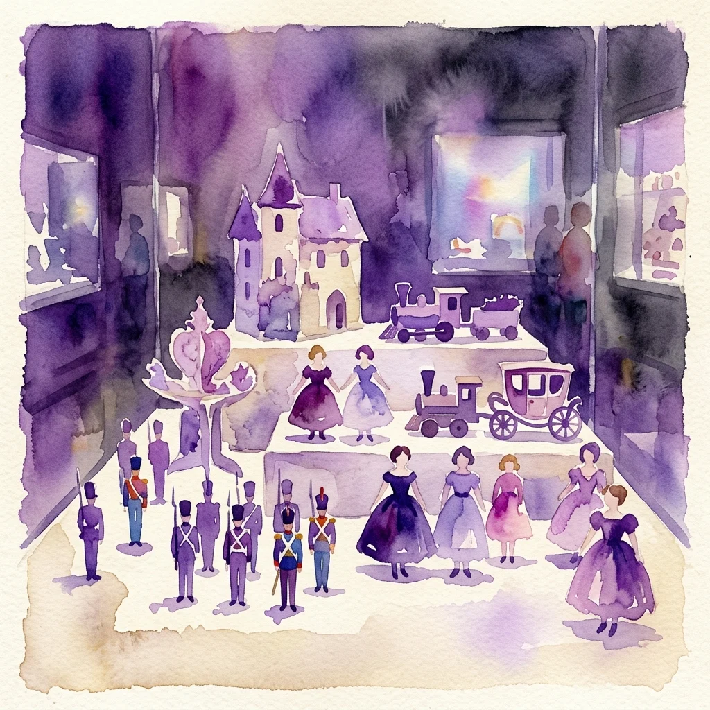 Ilustracja akwarelowa wystawy muzealnej przedstawiająca zabytkowe wycinanki papierowe, w tym żołnierzyki, lalki, zamek, pociąg i karocę, prezentująca historyczne zabawki z papieru.