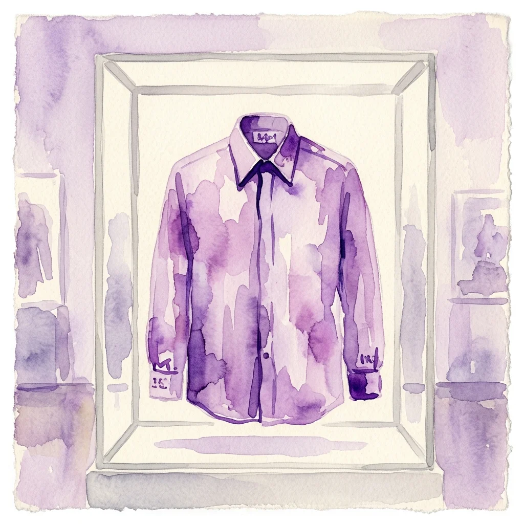 Una ilustración en acuarela de una camisa de vestir morada para hombre exhibida en una vitrina de museo, representando la icónica Camisa Dalí de la década de 1960.