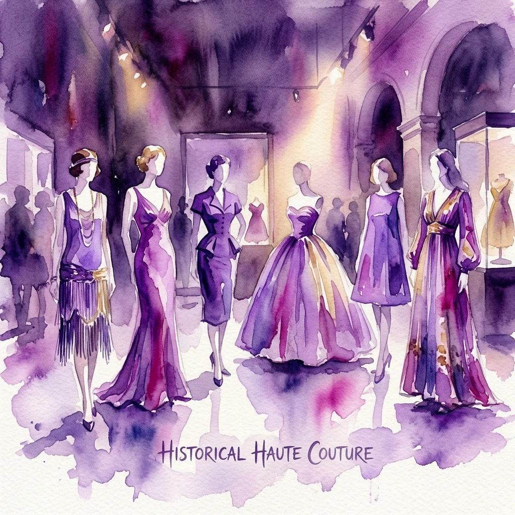 Ilustracja akwarelowa przedstawiająca historyczne stroje haute couture z lat 1920–1970, wystawione w galerii muzealnej z dramatycznym fioletowym oświetleniem.