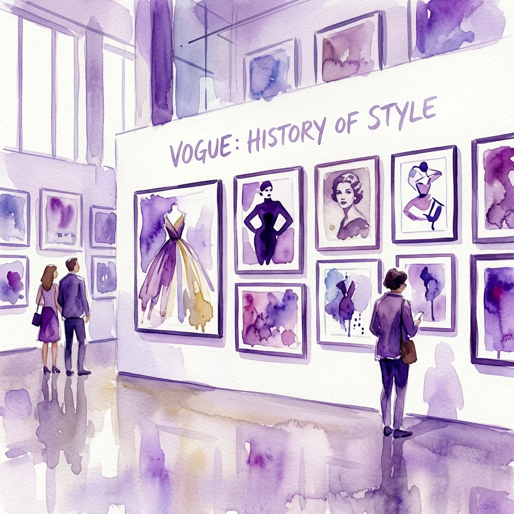 Ilustracja akwarelowa wystawy w galerii zatytułowanej „Vogue: Historia stylu”, prezentująca wystawione fotografie mody i ilustracje, z odwiedzającymi obserwującymi dzieła sztuki.