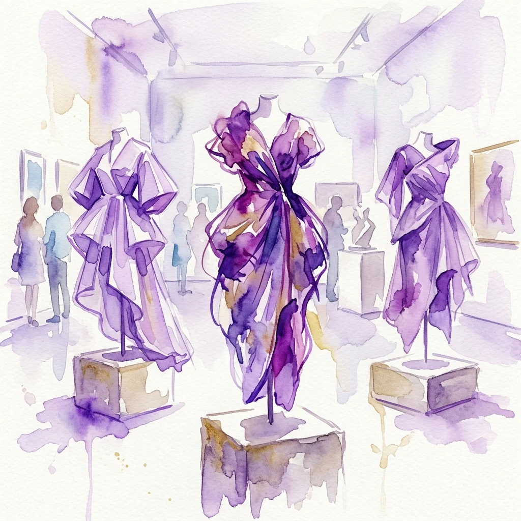 Ilustración en acuarela de diseños de moda vanguardista en una galería de museo, con prendas púrpuras esculturales en maniquíes, y visitantes observando la exposición.